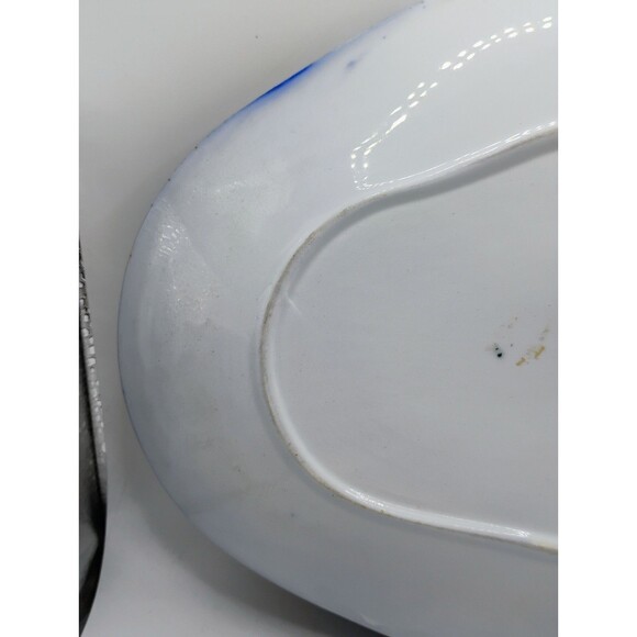 ANTIQUE CONWAY FLOW BLUE OVAL PLATE WITH EXTRAVAGANT PATTERN~10 3/4" LONG X 8" W - Picture 13 of 15